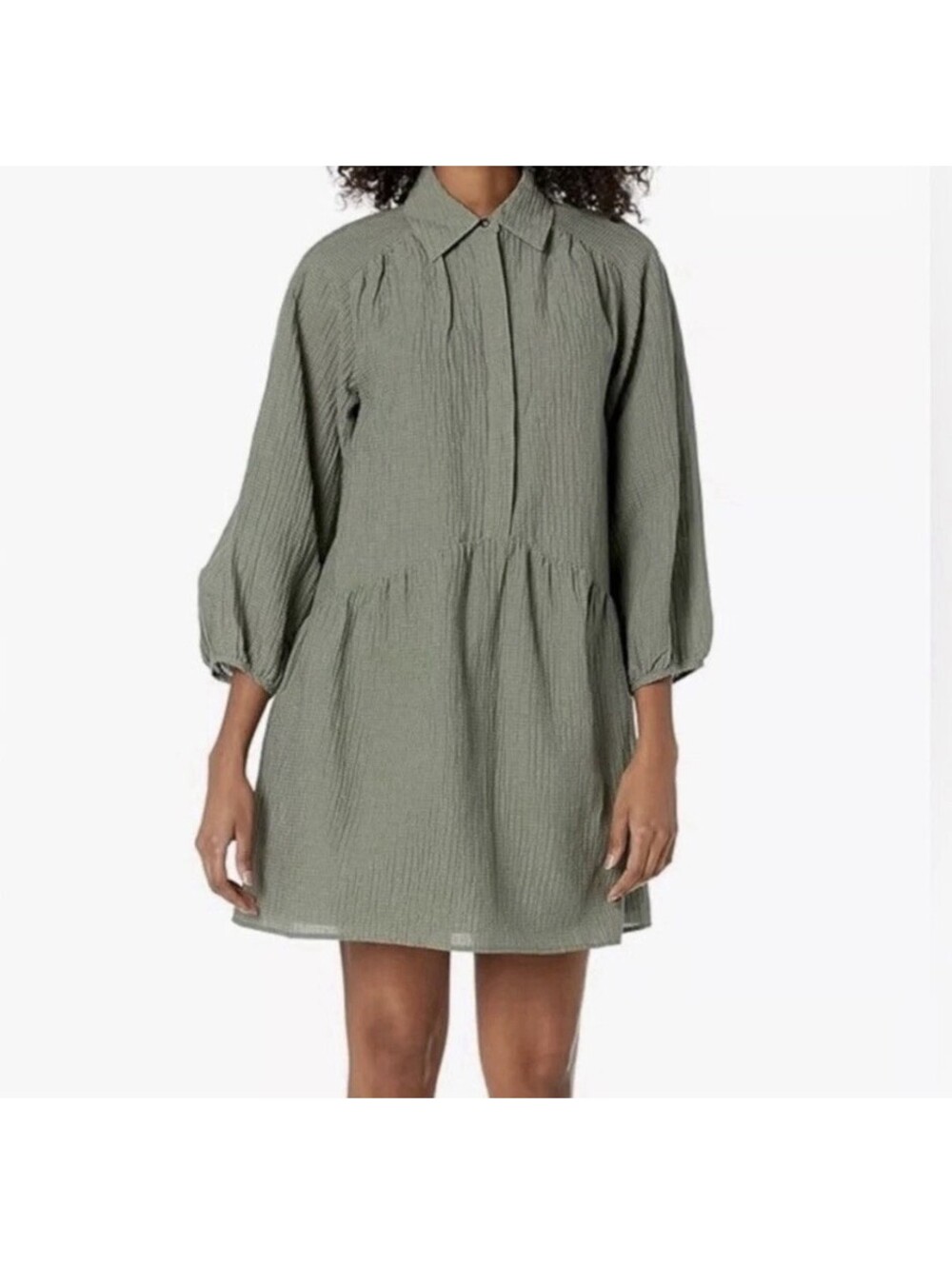 Club Monaco Puff Sleeve Linen Blend Mini Shirt Babydoll Dress Seaspray Sage Med